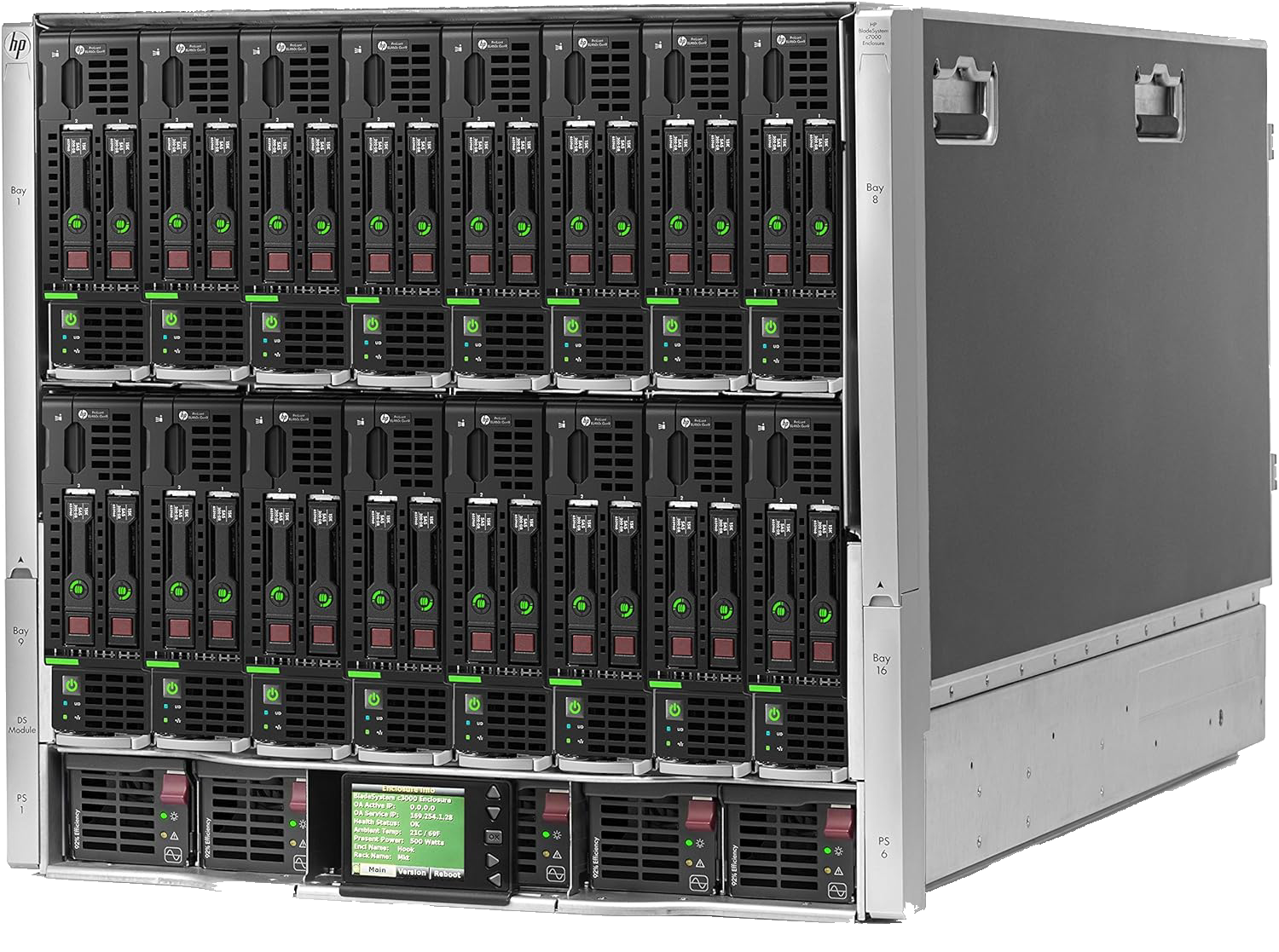 Photo of an HP ProLiant BL460c blade enclosure